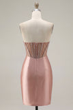 Sweetheart Blush Satin Ruched Sheer Corset Beaded Homecoming Dress with Slit