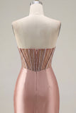 Sweetheart Blush Satin Ruched Sheer Corset Beaded Homecoming Dress with Slit