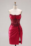 Strapless Satin Burgundy Ruched Sheer Corset Beaded Homecoming Dress with Slit