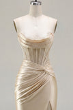 Champagne Sweetheart Satin Ruched Beaded Corset Homecoming Dress with Slit