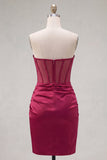 Burgundy Satin Ruched Beaded Sweetheart Sheer Corset Homecoming Dress with Slit