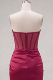 Burgundy Satin Ruched Beaded Sweetheart Sheer Corset Homecoming Dress with Slit
