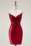 Red Satin Sweetheart Beaded Sheer Corset Homecoming Dress