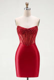 Red Satin Beaded Bodycon Sweetheart Sheer Corset Homecoming Dress
