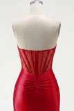 Red Satin Beaded Bodycon Sweetheart Sheer Corset Homecoming Dress