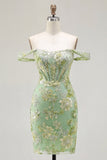 Green Off the Shoulder Bodycon Floral Sheer Corset Homecoming Dress