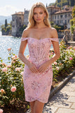Off the Shoulder Blush Bodycon Sheer Corset Sequins Homecoming Dress