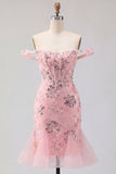 Blush Off the Shoulder Bodycon Floral Sheer Corset Sequins Homecoming Dress with Ruffles