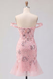Blush Off the Shoulder Bodycon Floral Sheer Corset Sequins Homecoming Dress with Ruffles