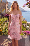 Blush Off the Shoulder Bodycon Floral Sheer Corset Sequins Homecoming Dress with Ruffles
