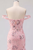 Blush Off the Shoulder Bodycon Floral Sheer Corset Sequins Homecoming Dress with Ruffles
