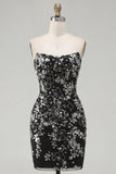 Sparkly Black Ruched Floral Tight Short Strapless Homecoming Dress with Sequins