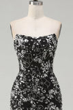 Sparkly Black Ruched Floral Tight Short Strapless Homecoming Dress with Sequins
