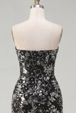 Sparkly Black Ruched Floral Tight Short Strapless Homecoming Dress with Sequins