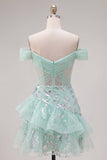 Off the Shoulder Mint Corset Sequins Homecoming Dress with Ruffles