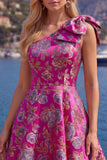 Blue One Shoulder Jacquard A-Line Floral Homecoming Dress with Bow