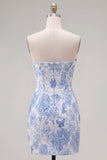 Blue Jacquard Sweetheart Bodycon Floral Homecoming Dress with Bow
