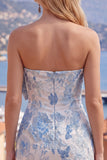 Blue Jacquard Sweetheart Bodycon Floral Homecoming Dress with Bow