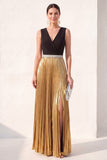 Black Golden A Line Pleated V Neck  Formal Dress with Slit