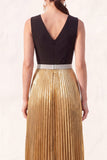 Black Golden A Line Pleated V Neck  Formal Dress with Slit