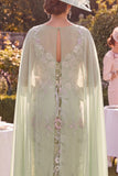 Green Bodycon Appliqued Floral Midi Mother of the Bride Dress with Cape