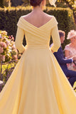 Yellow Floral Bodycon Ruched Long Mother of the Bride Dress with 3/4 Sleeves