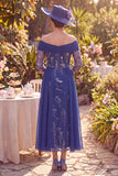 Off the Shoulder Navy Floral A-Line Ruched Midi Mother of the Bride Dress with 3/4 Sleeves