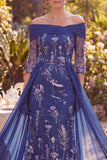 Off the Shoulder Navy Floral A-Line Ruched Midi Mother of the Bride Dress with 3/4 Sleeves
