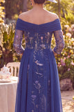 Off the Shoulder Navy Floral A-Line Ruched Midi Mother of the Bride Dress with 3/4 Sleeves