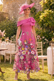 Fuchsia A-Line One shoulder Floral Long Mother of the Bride Dress with Bow