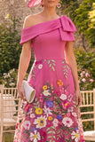 Fuchsia A-Line One shoulder Floral Long Mother of the Bride Dress with Bow