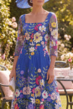 Royal Blue A-Line Square Neck Floral Midi Mother of the Bride Dress