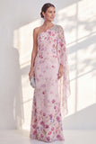 Lilac One Shoulder Chiffon Floral Mermaid Long Mother Of the Bride Dress with Side Cape