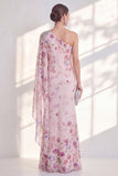 Lilac One Shoulder Chiffon Floral Mermaid Long Mother Of the Bride Dress with Side Cape