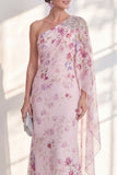 Lilac One Shoulder Chiffon Floral Mermaid Long Mother Of the Bride Dress with Side Cape