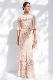 Blue Floral Bateau Neck Chiffon Sheath Long Mother Of the Bride Dress with Half Sleeves