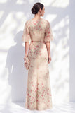 Blue Floral Bateau Neck Chiffon Sheath Long Mother Of the Bride Dress with Half Sleeves