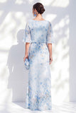 Blue Floral Bateau Neck Chiffon Sheath Long Mother Of the Bride Dress with Half Sleeves