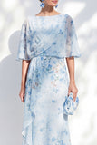 Blue Floral Bateau Neck Chiffon Sheath Long Mother Of the Bride Dress with Half Sleeves