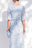 Blue Floral Bateau Neck Chiffon Sheath Long Mother Of the Bride Dress with Half Sleeves