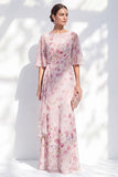Blue Floral Bateau Neck Chiffon Sheath Long Mother Of the Bride Dress with Half Sleeves