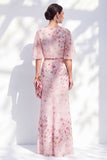 Blue Floral Bateau Neck Chiffon Sheath Long Mother Of the Bride Dress with Half Sleeves