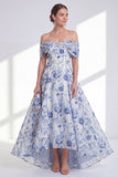 A-Line Blue Flower Off the Shoulder High Low Mother Of the Bride Dress