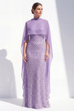 Mermaid Purple Halter Neck Beaded Long Mother Of the Bride Dress with Cape