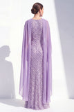 Mermaid Purple Halter Neck Beaded Long Mother Of the Bride Dress with Cape