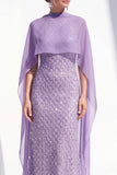 Mermaid Purple Halter Neck Beaded Long Mother Of the Bride Dress with Cape