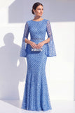 Mermaid Blue Round Neck Beaded Long Mother Of the Bride Dress with Long Sleeves
