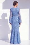 Mermaid Blue Round Neck Beaded Long Mother Of the Bride Dress with Long Sleeves