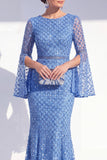 Mermaid Blue Round Neck Beaded Long Mother Of the Bride Dress with Long Sleeves