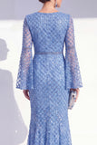 Mermaid Blue Round Neck Beaded Long Mother Of the Bride Dress with Long Sleeves